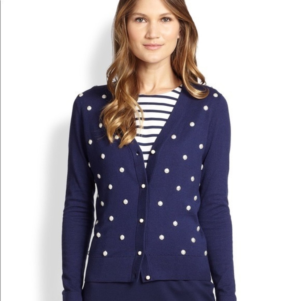 Kate Spade Galvin Pearl Cardigan XS Dark blue Cotton Silk Cashmere Blend
